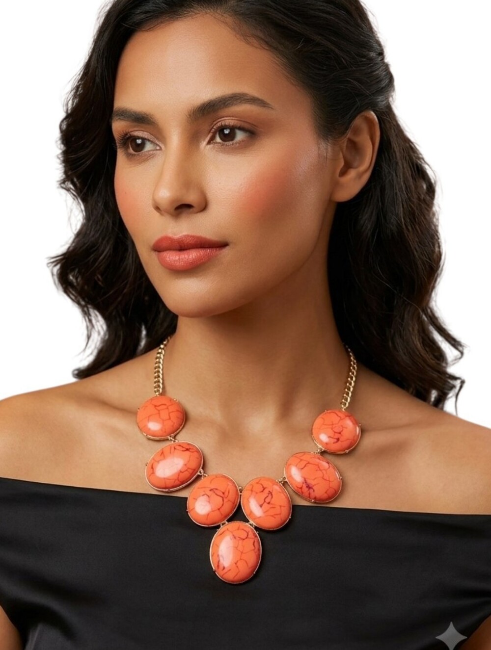 Coral Orange Faux Stone Statement Necklace Gold Tone Chain